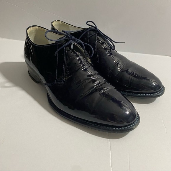 Maison Margiela Navy Patent Leather Lace Up Derby Dress Shoes White Stitch Heel - Picture 2 of 14